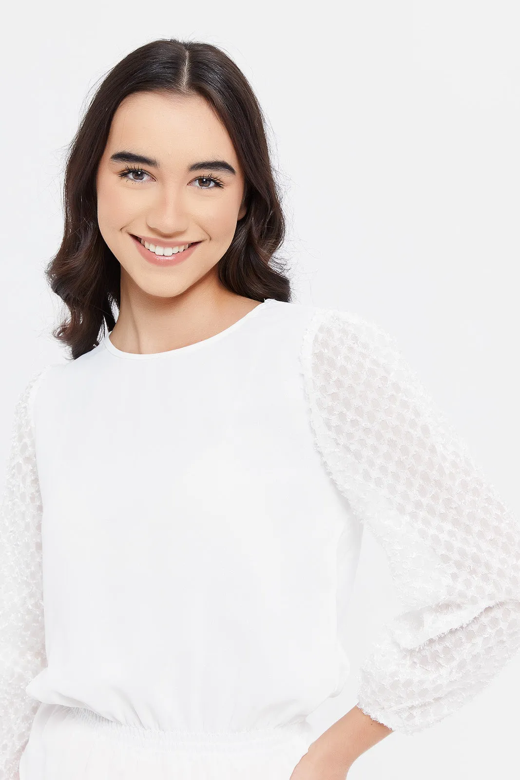 Senior Girls White Embellished Sleeve Top