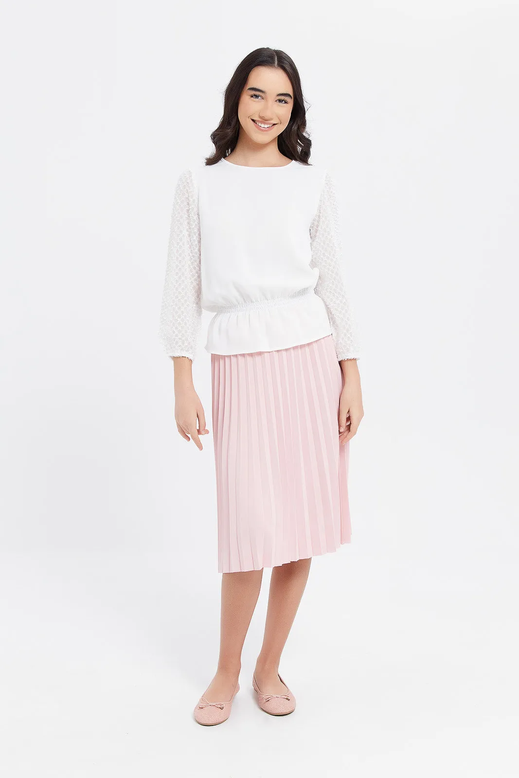 Senior Girls White Embellished Sleeve Top