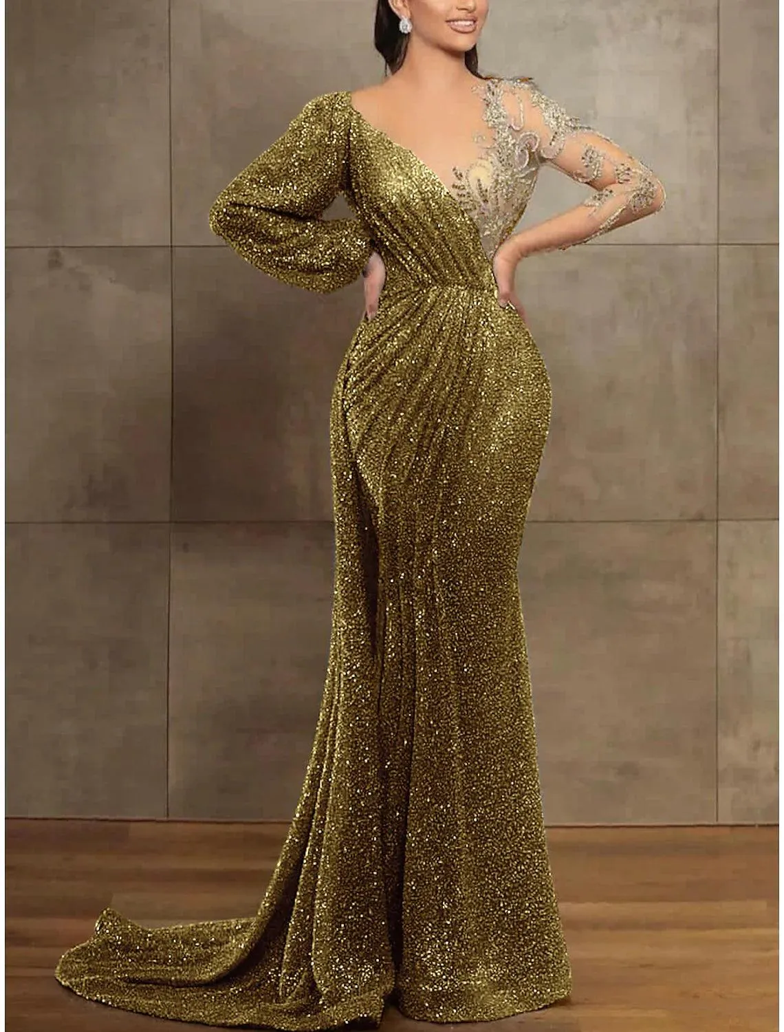 Sequin Mermaid  Gown Elegant Formal Dress Court Train Long Sleeve Illusion Neck Sequined with Pleats Evening Dress