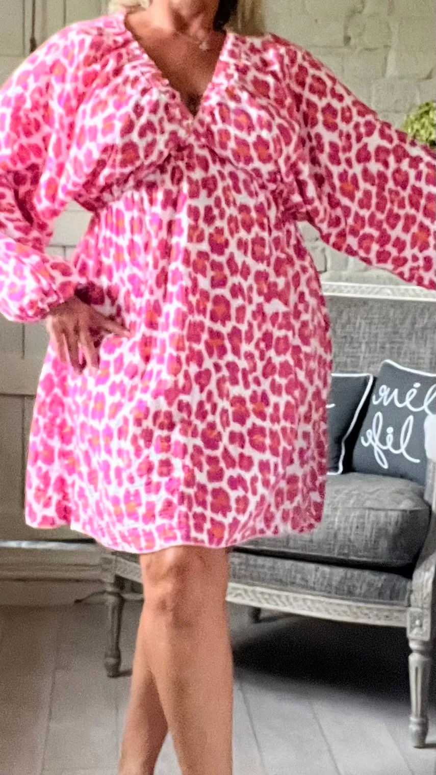 Sicily long sleeved v neck cheesecloth sundress short in white orange and pink leopard print