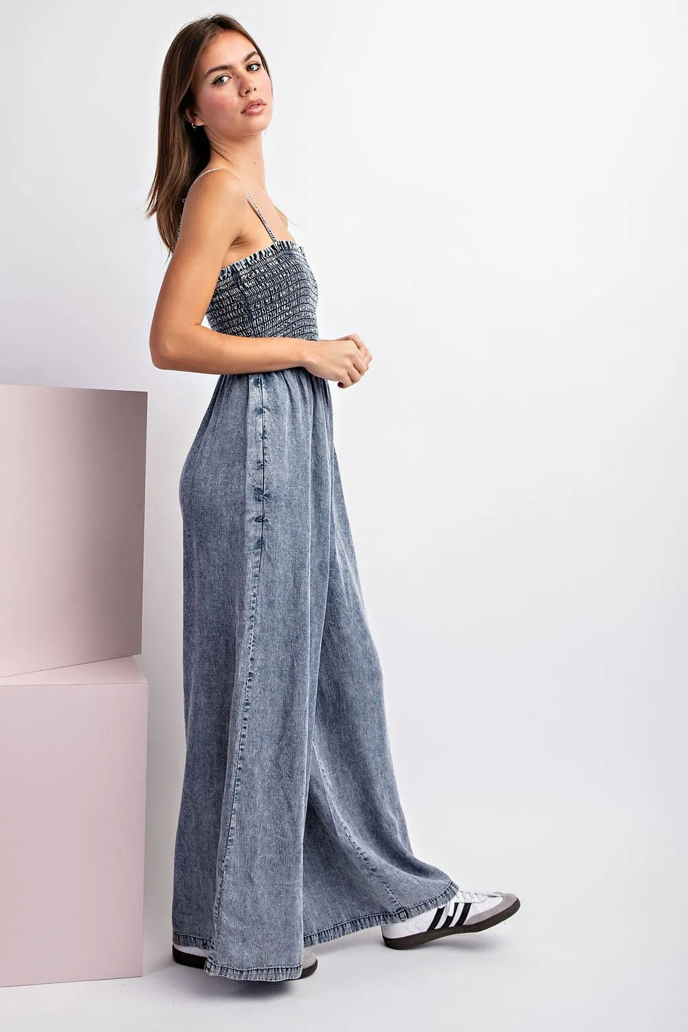 Snow Washed Sleeveless Smocked Jumpsuit