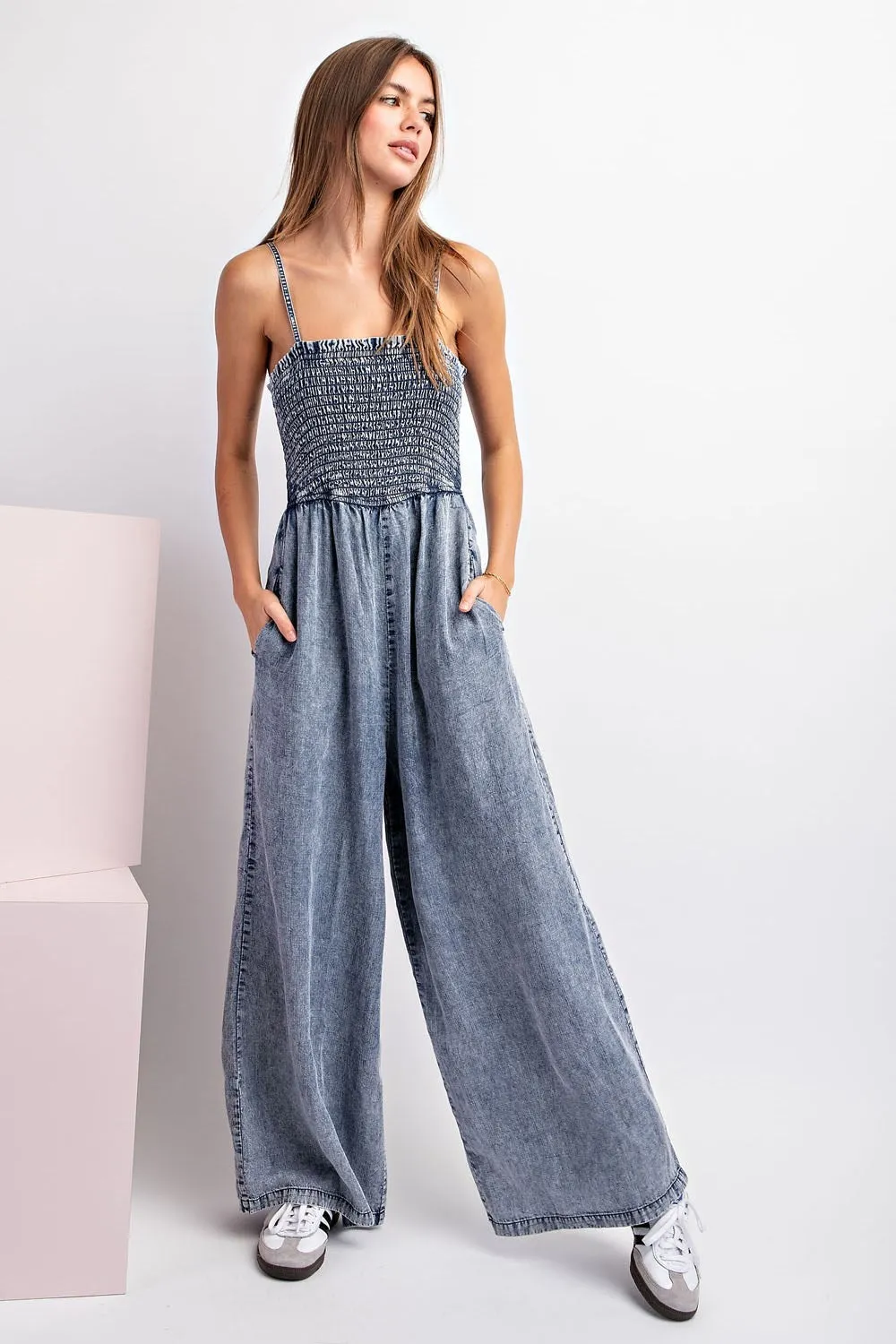 Snow Washed Sleeveless Smocked Jumpsuit
