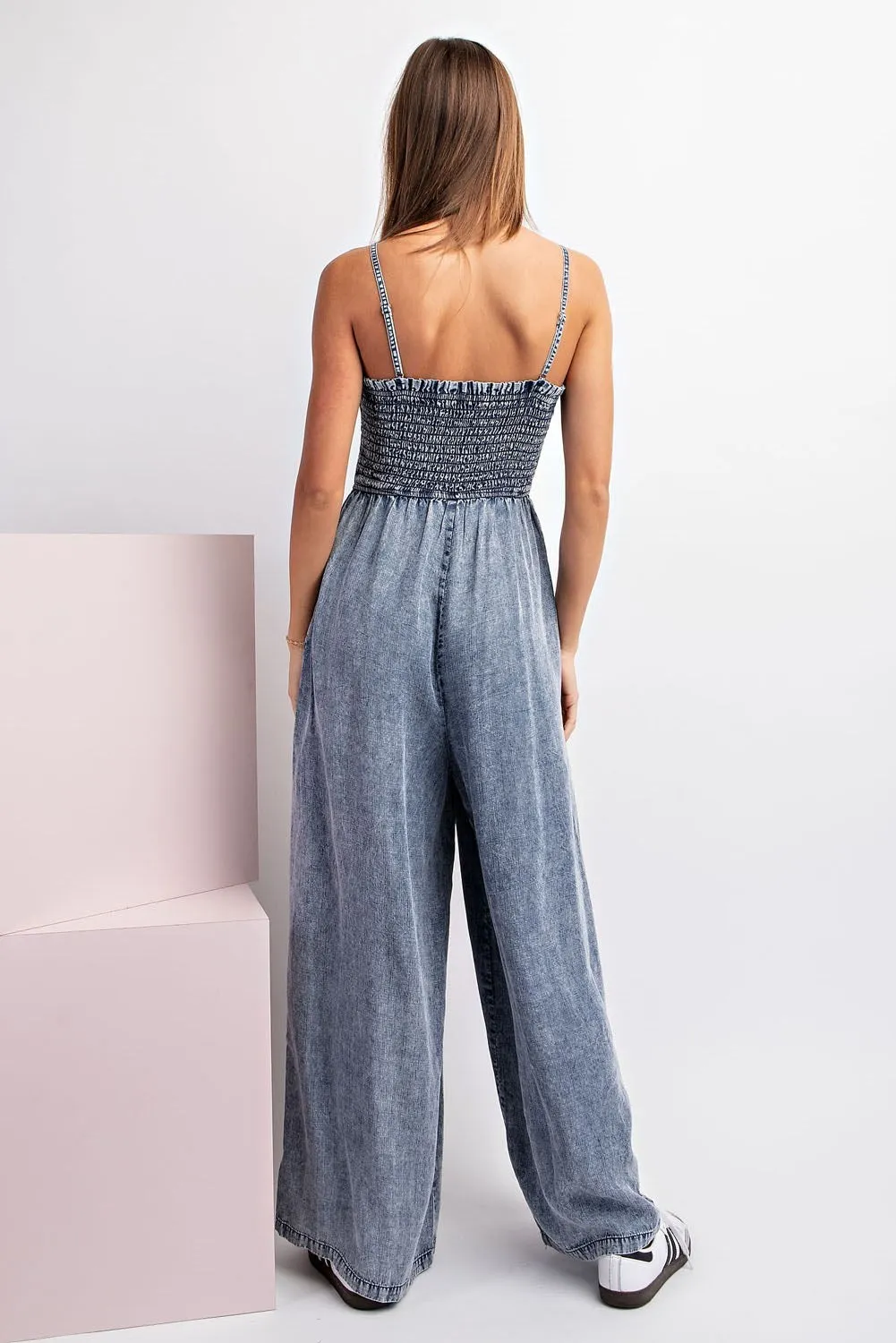 Snow Washed Sleeveless Smocked Jumpsuit