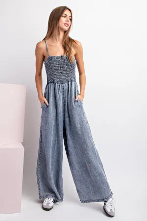 Snow Washed Sleeveless Smocked Jumpsuit