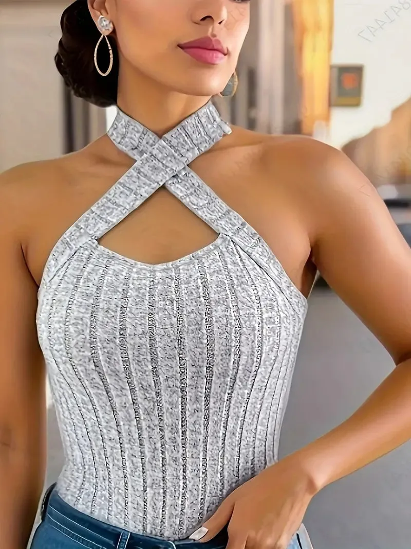 Solid Color Cross Halter Top, Versatile Sleeveless Slim Simple Top For Summer, Women's Clothing- Size: S