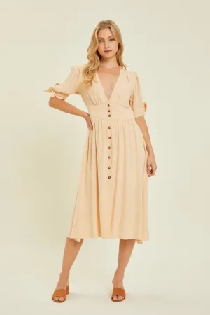 Sonya Textured Linen V-Neck Button-Down Midi Dress