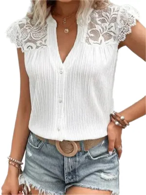 TEEK - White Lace Shoulder Notched Cap Sleeve Blouse
