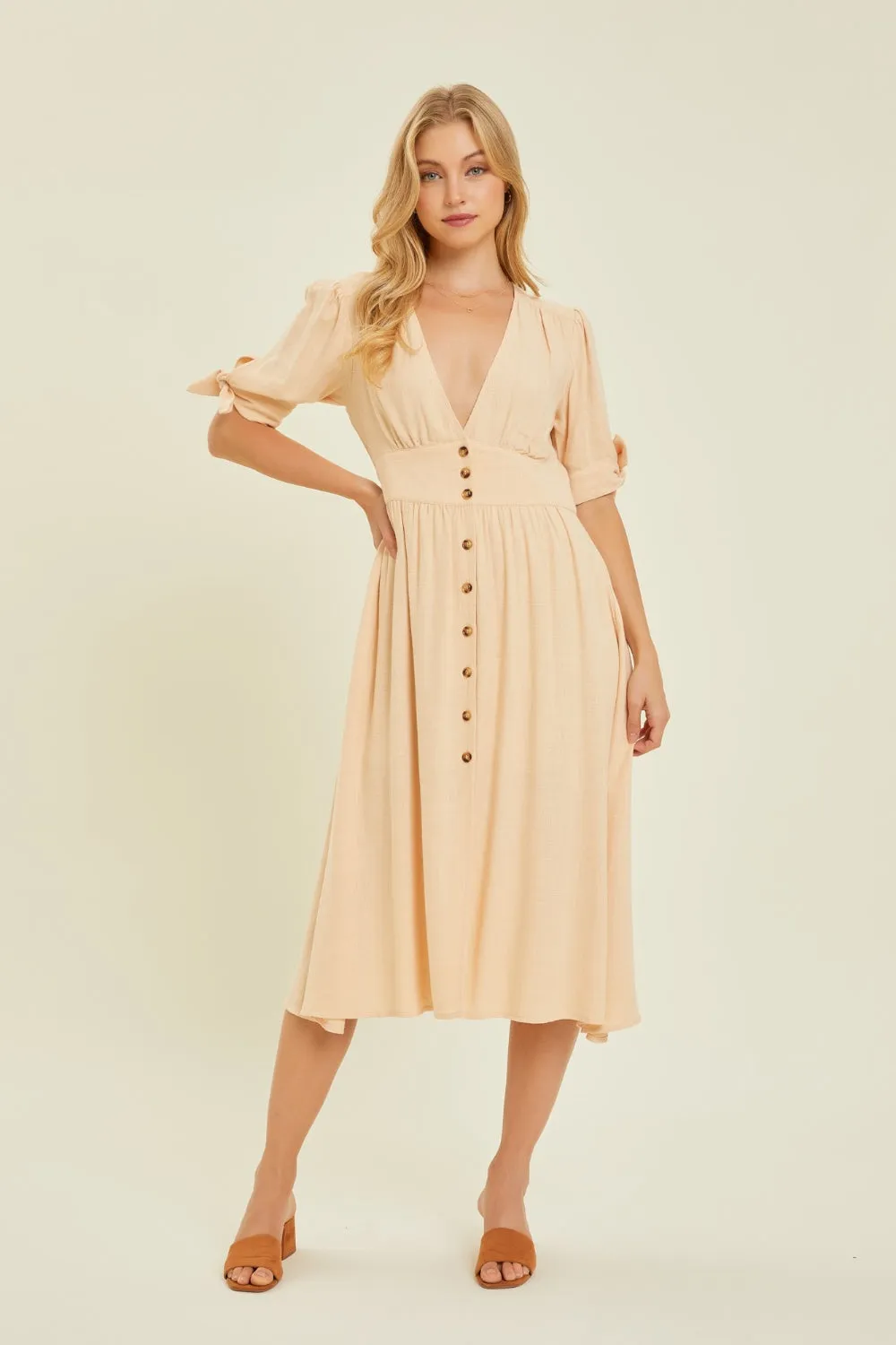 Textured Linen V-Neck Button-Down Midi Dress