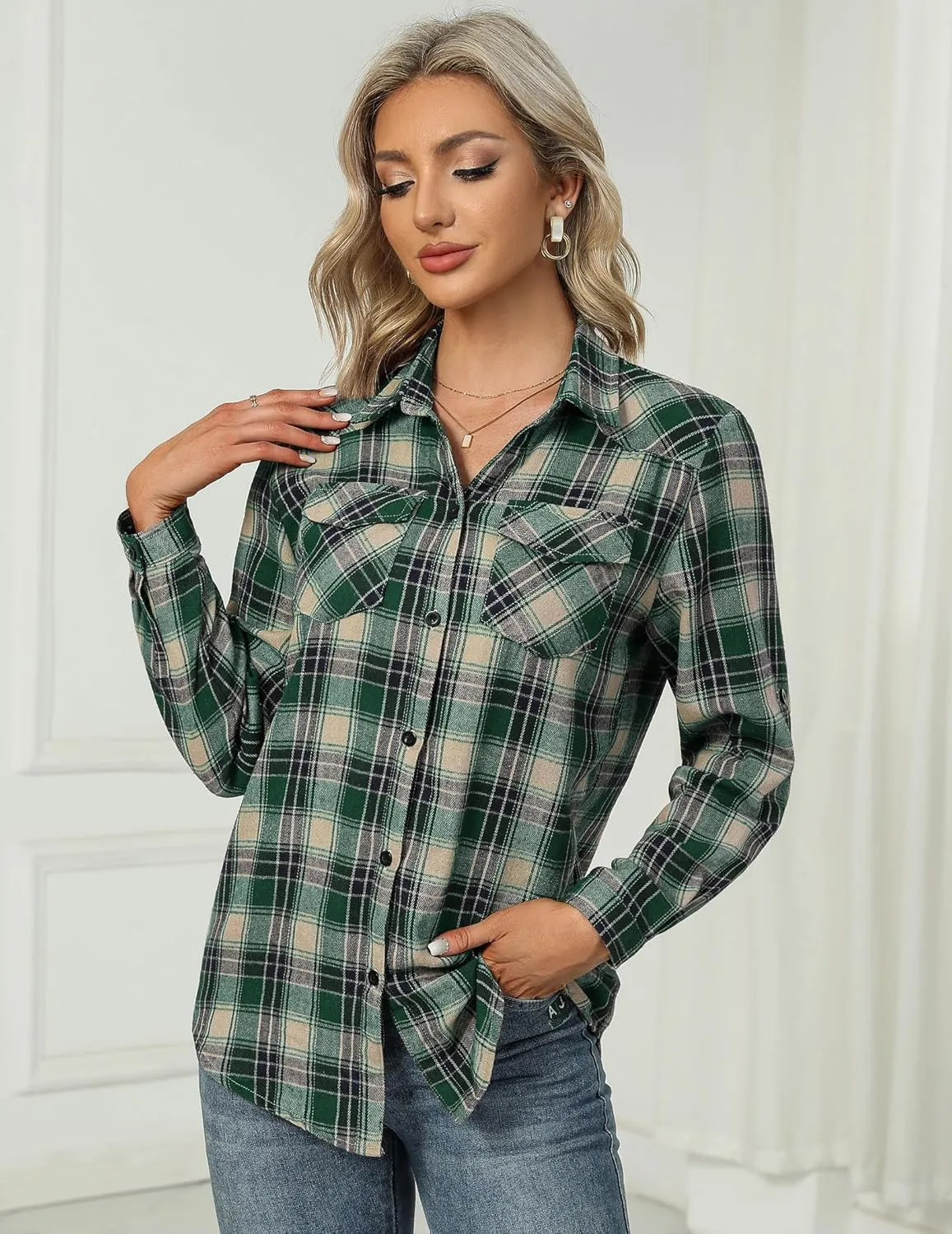 Zeagoo Checked Shirt Women's Long Sleeve Costume Blouse (DE Only)