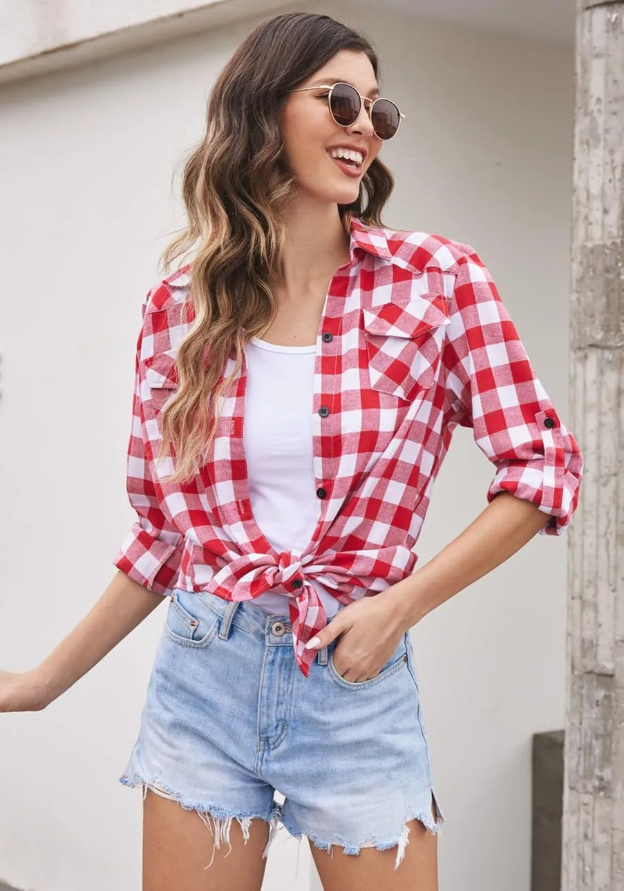 Zeagoo Checked Shirt Women's Long Sleeve Costume Blouse (DE Only)