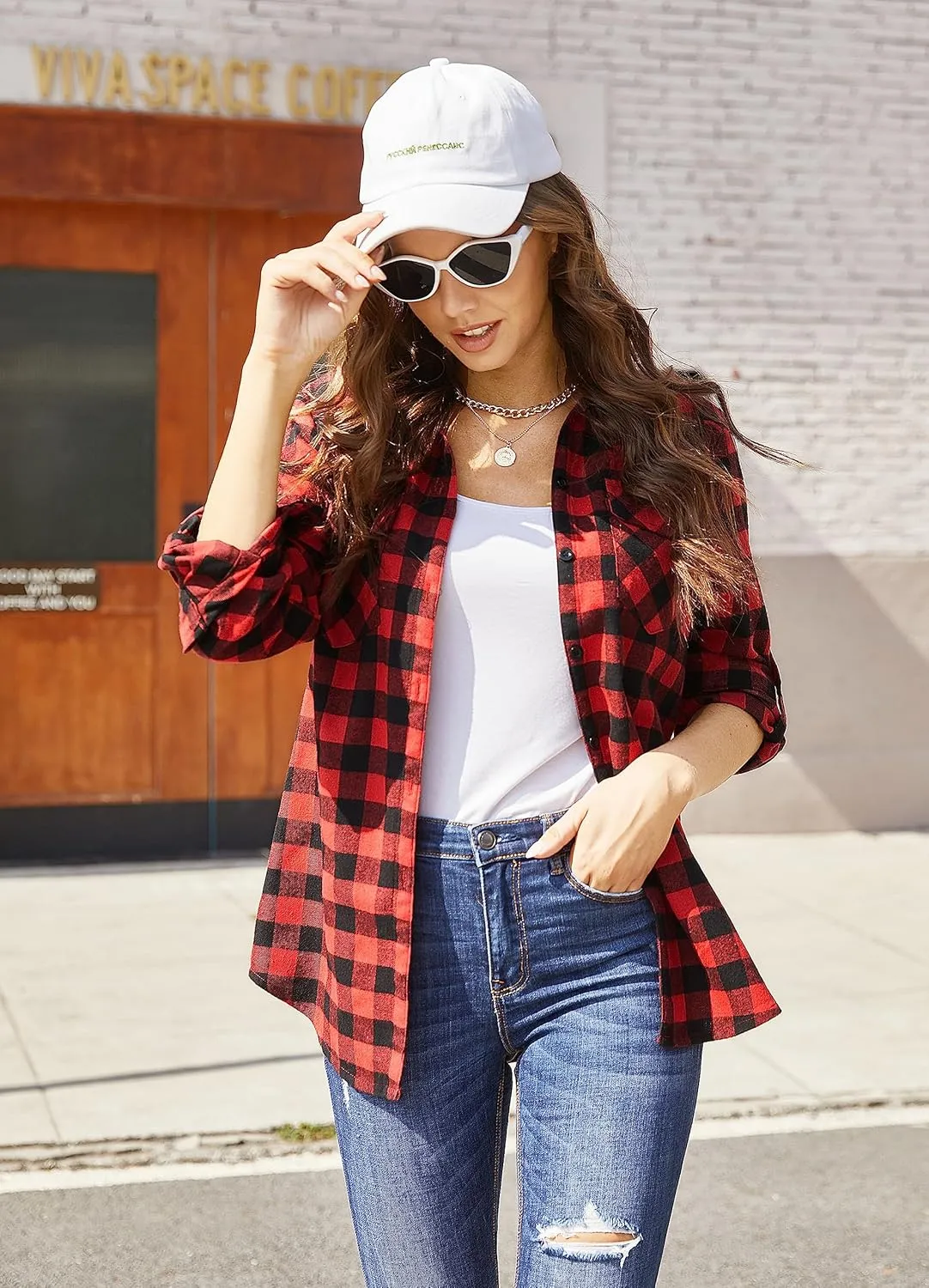 Zeagoo Checked Shirt Women's Long Sleeve Costume Blouse (DE Only)