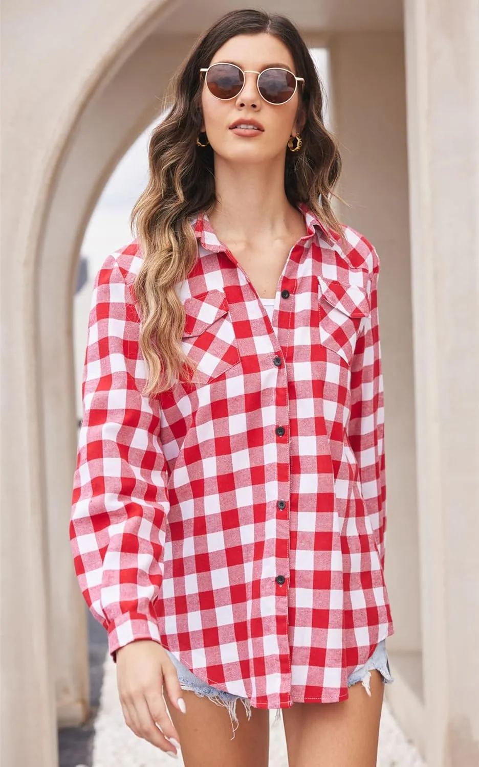 Zeagoo Checked Shirt Women's Long Sleeve Costume Blouse (DE Only)