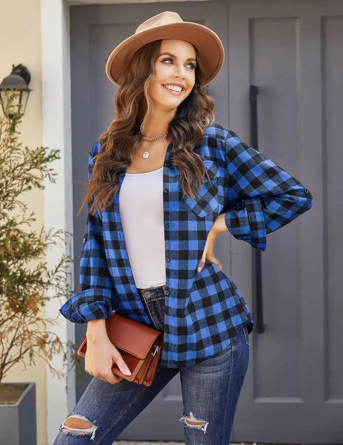 Zeagoo Checked Shirt Women's Long Sleeve Costume Blouse (DE Only)