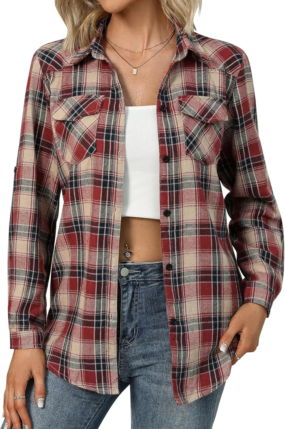 Zeagoo Checked Shirt Women's Long Sleeve Costume Blouse (DE Only)