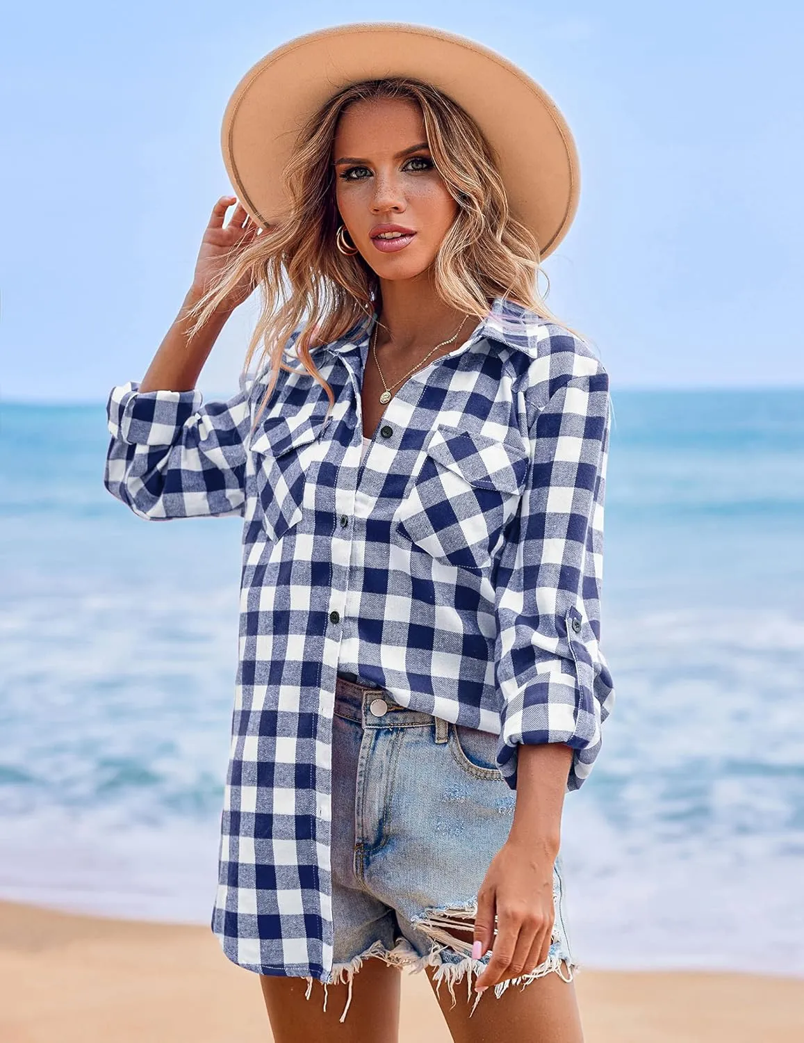 Zeagoo Checked Shirt Women's Long Sleeve Costume Blouse (DE Only)