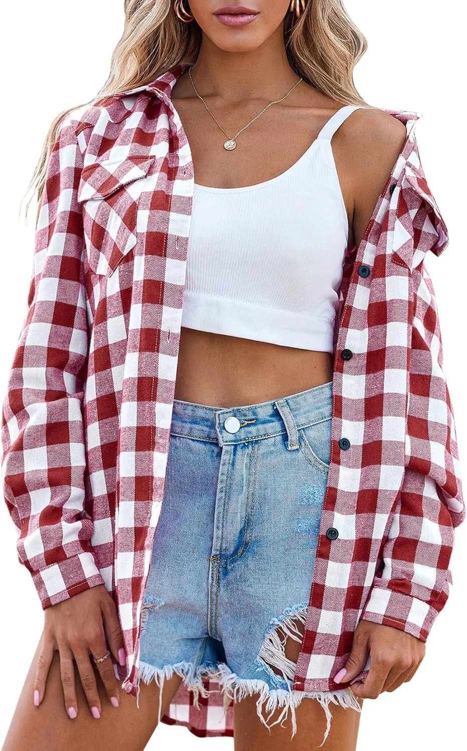Zeagoo Checked Shirt Women's Long Sleeve Costume Blouse (DE Only)