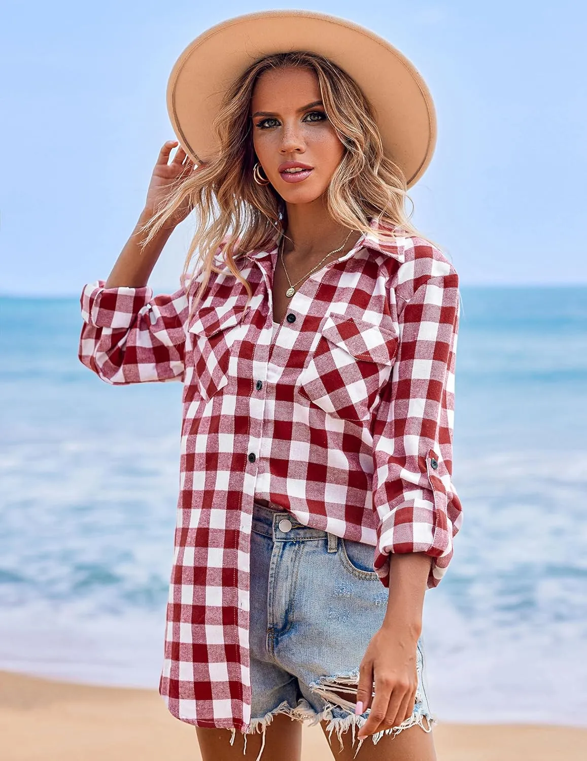 Zeagoo Checked Shirt Women's Long Sleeve Costume Blouse (DE Only)
