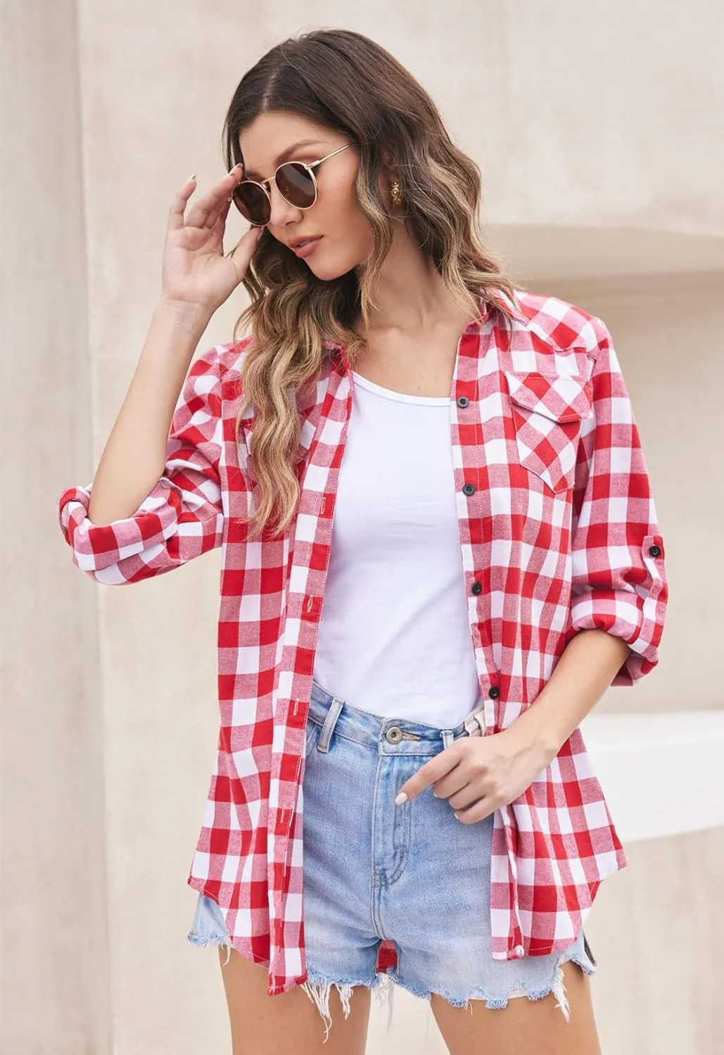 Zeagoo Checked Shirt Women's Long Sleeve Costume Blouse (DE Only)