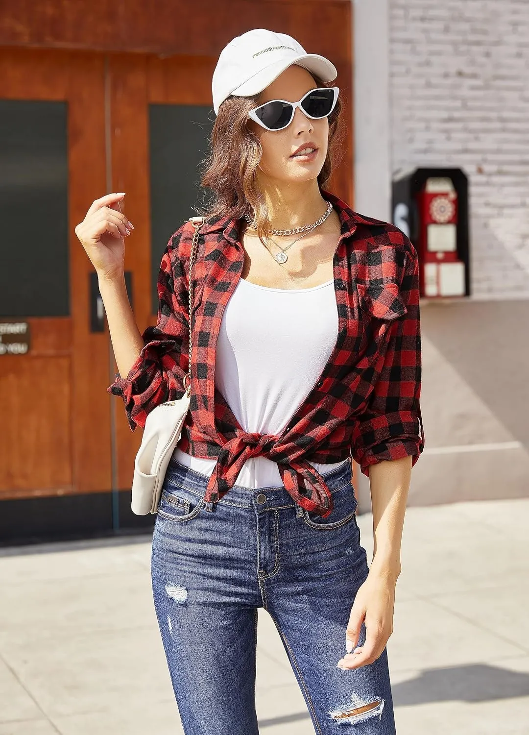 Zeagoo Checked Shirt Women's Long Sleeve Costume Blouse (DE Only)