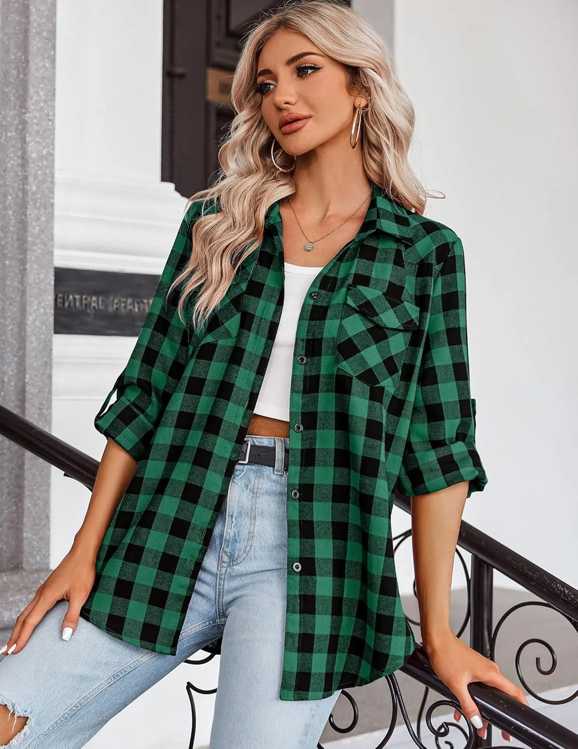 Zeagoo Checked Shirt Women's Long Sleeve Costume Blouse (DE Only)