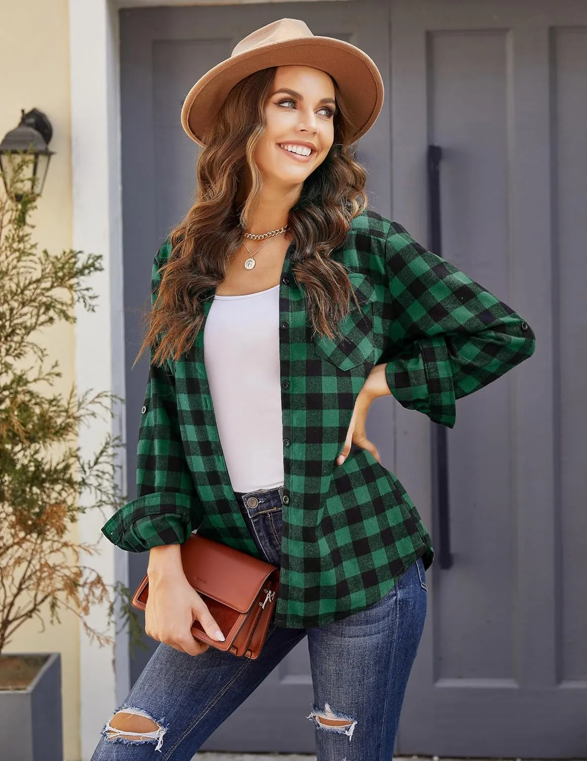 Zeagoo Checked Shirt Women's Long Sleeve Costume Blouse (DE Only)