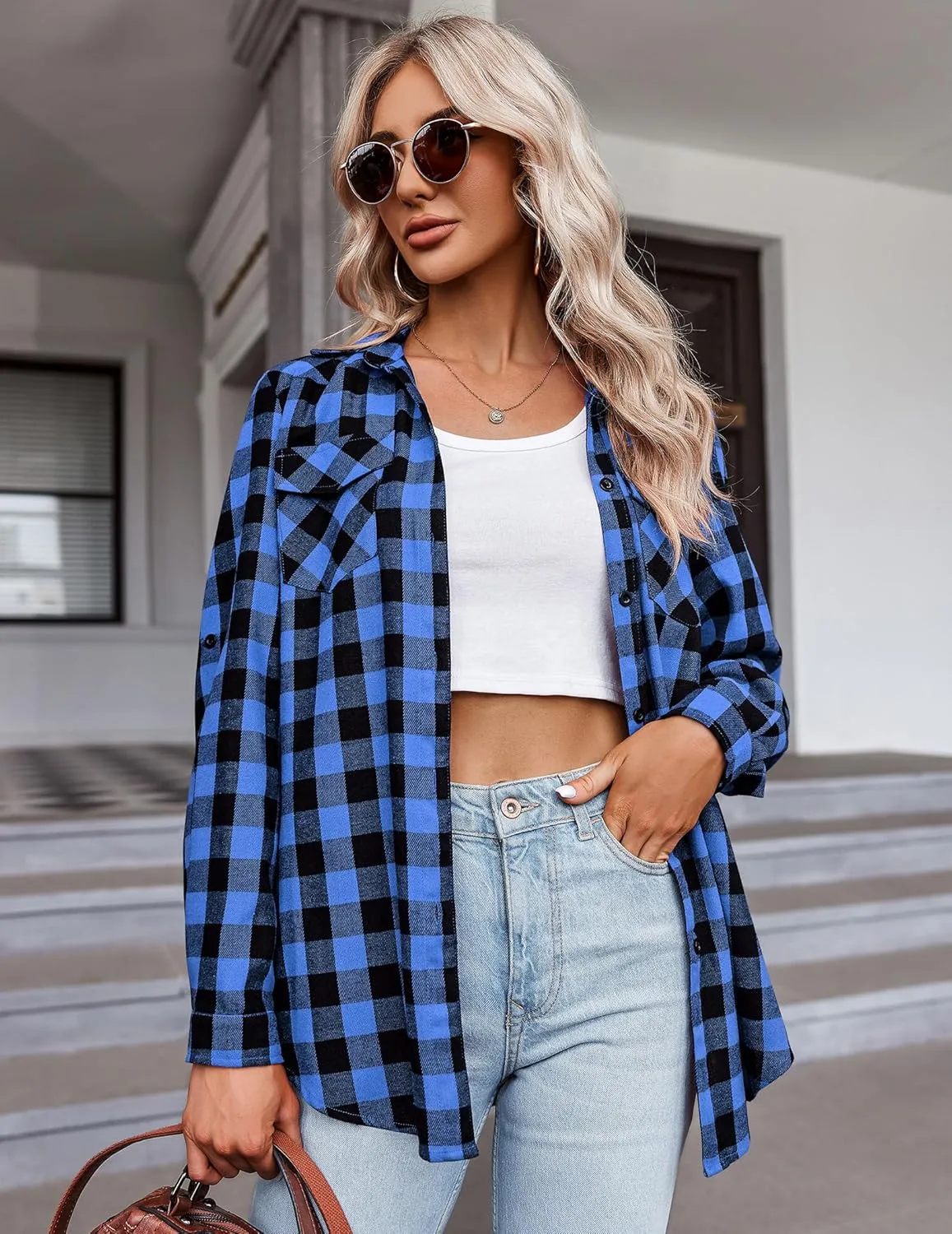 Zeagoo Checked Shirt Women's Long Sleeve Costume Blouse (DE Only)