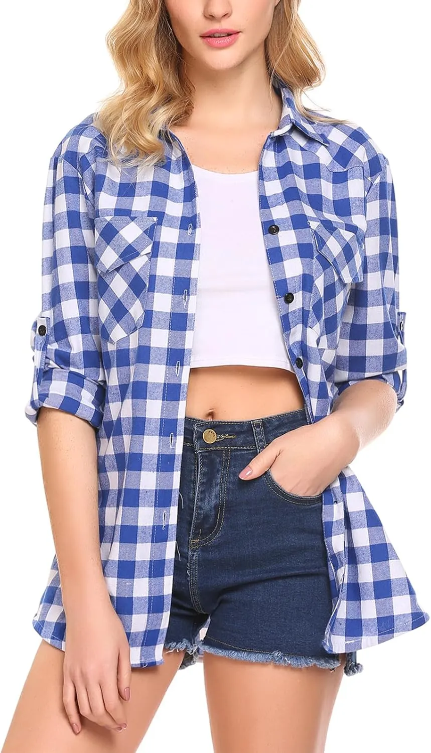 Zeagoo Checked Shirt Women's Long Sleeve Costume Blouse (DE Only)