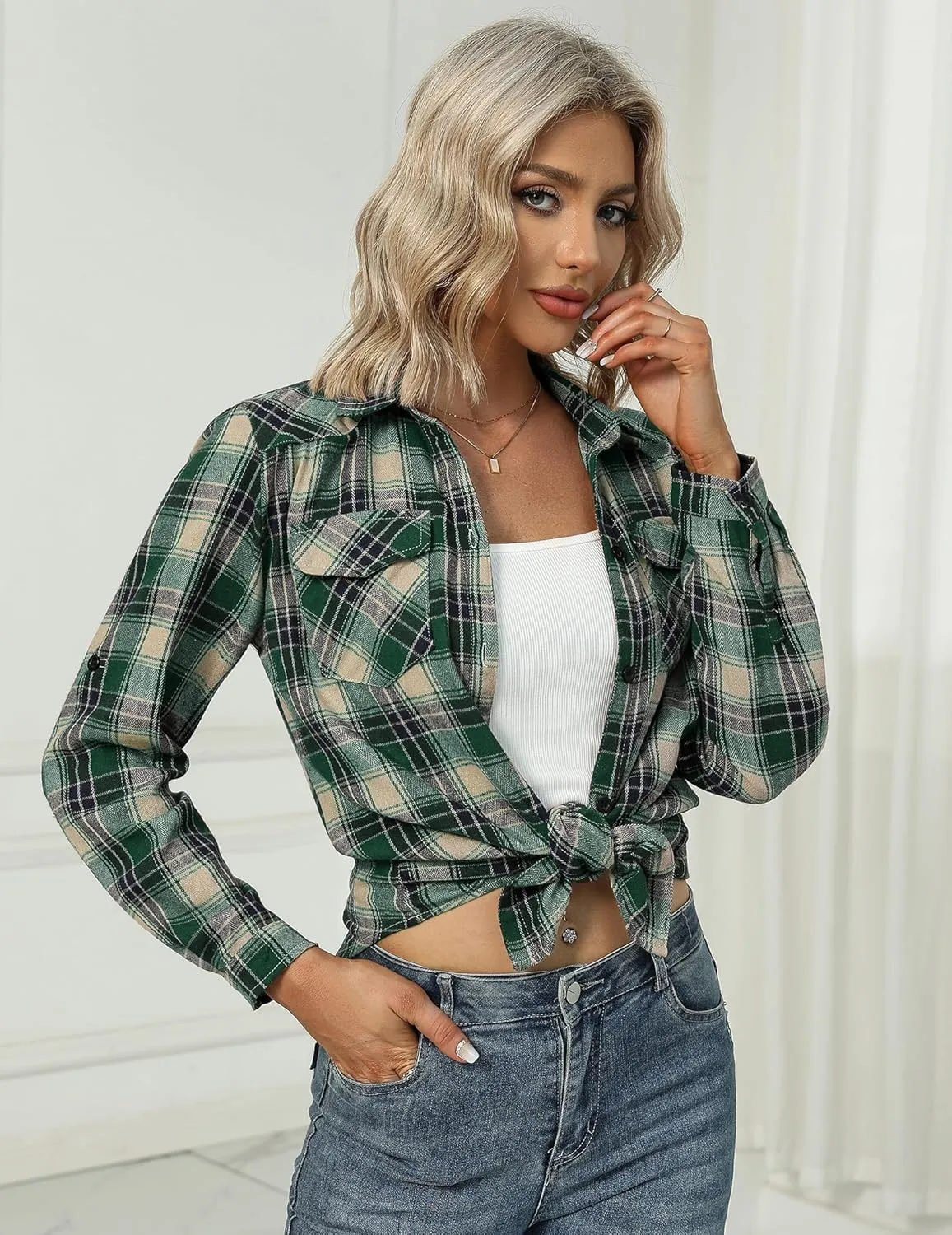 Zeagoo Checked Shirt Women's Long Sleeve Costume Blouse (DE Only)