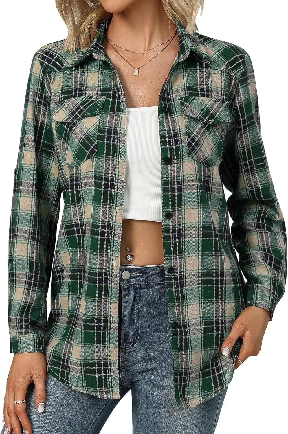 Zeagoo Checked Shirt Women's Long Sleeve Costume Blouse (DE Only)