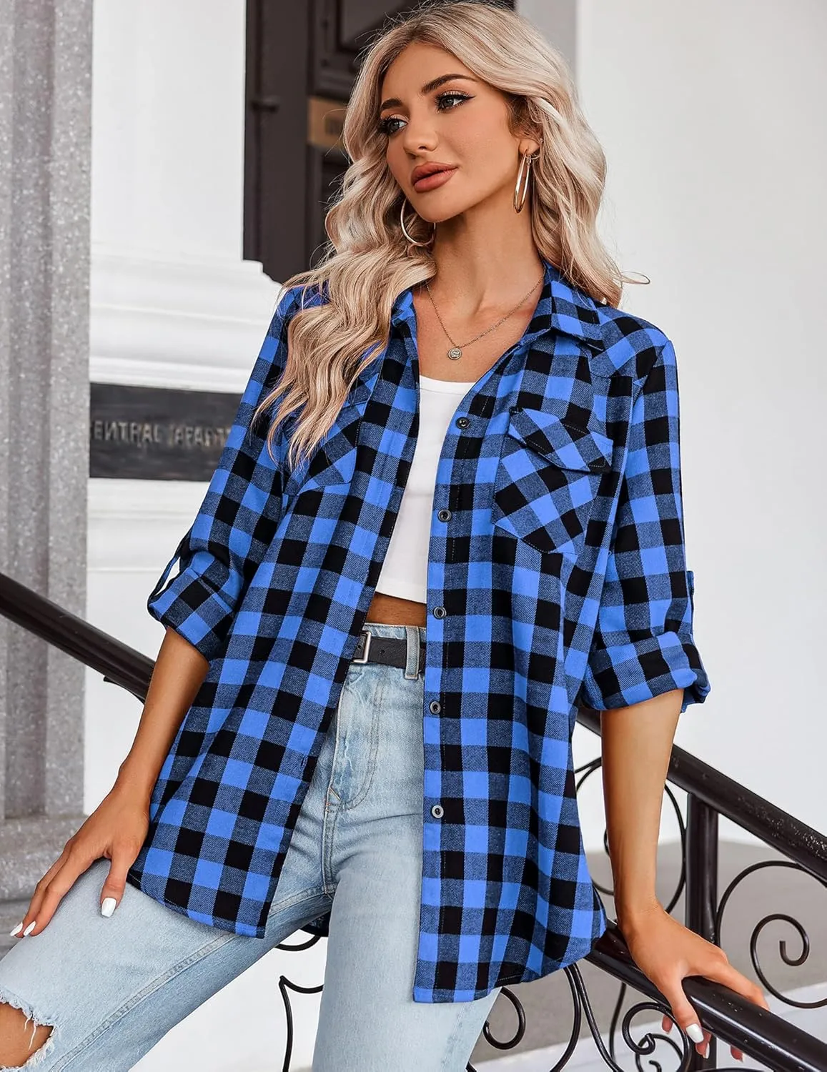 Zeagoo Checked Shirt Women's Long Sleeve Costume Blouse (DE Only)